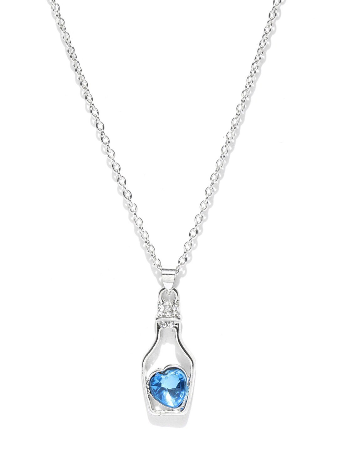 Mahi Rhodium-Plated Blue Heart-Shaped Crystal-Studded Pendant With Chain