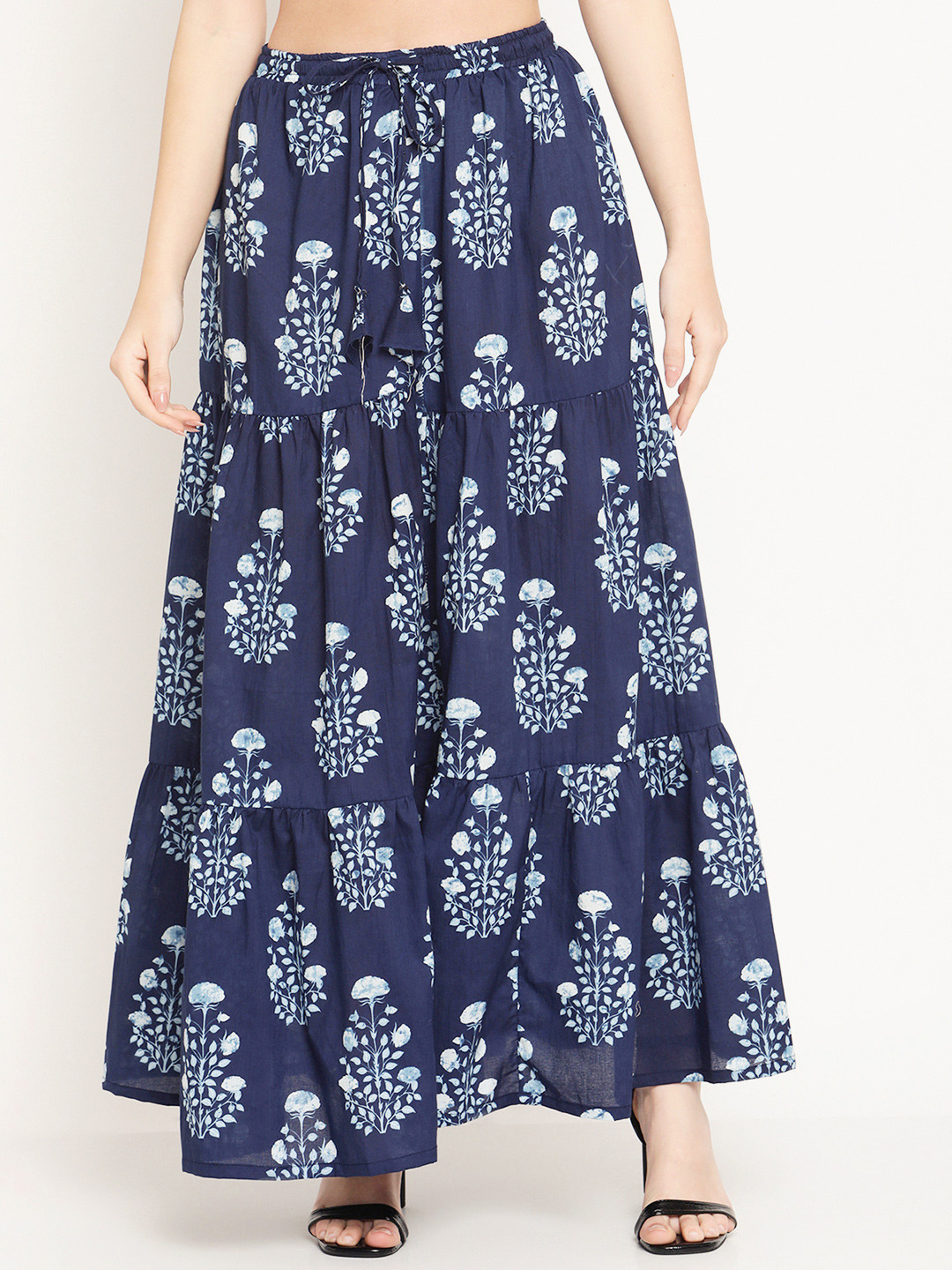 TAG 7 Women Blue & White Printed Cotton Tiered Maxi Skirt