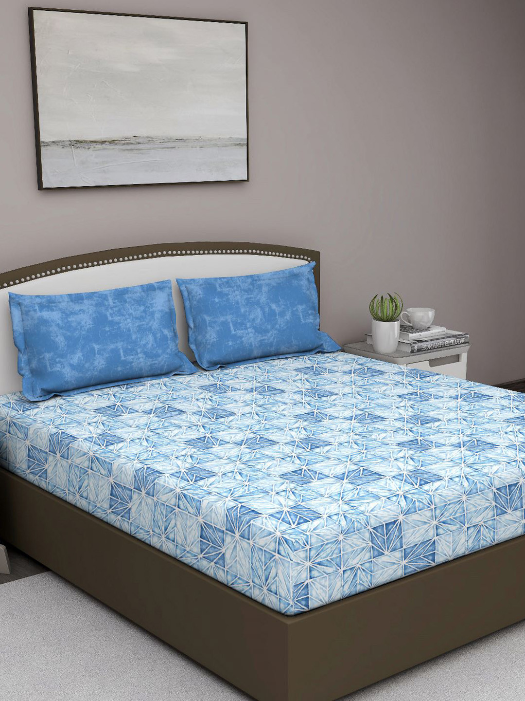 GM Serene Blue Geometric Cotton 210 TC Queen Fine Bedsheet with 2 Pillow Covers-228 x 274 cm