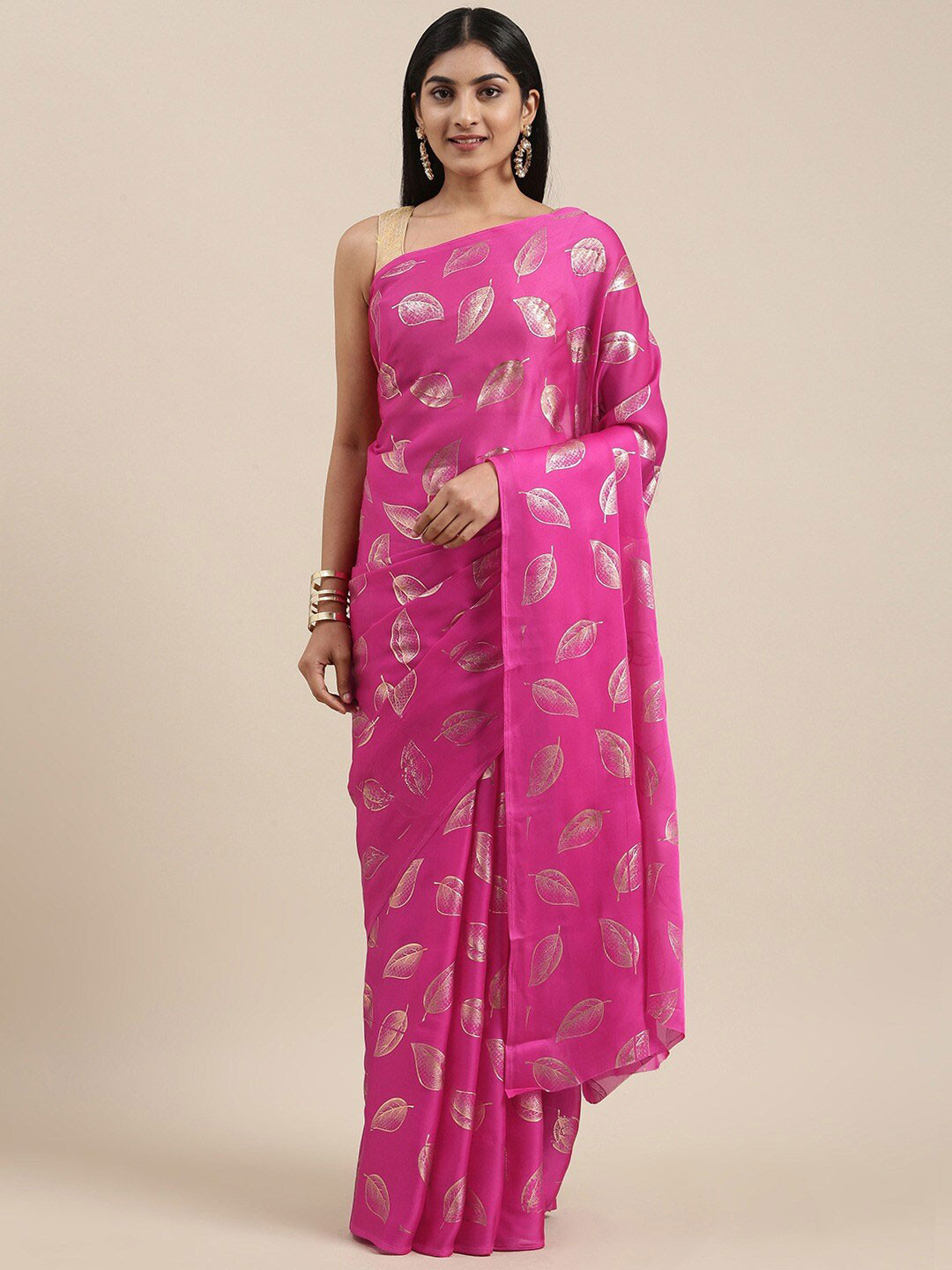 KALINI Pink & Golden Floral Satin Silk Saree