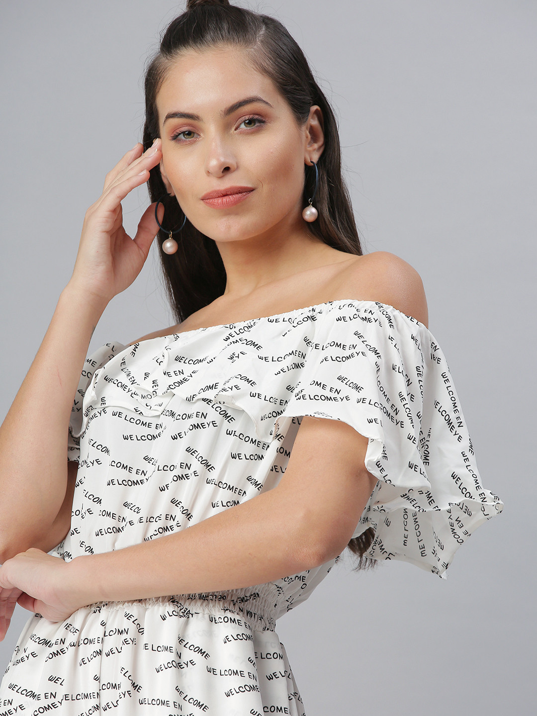 SHOWOFF Women White & Black Off-Shoulder Printed Cotton Culotte Jumpsuit