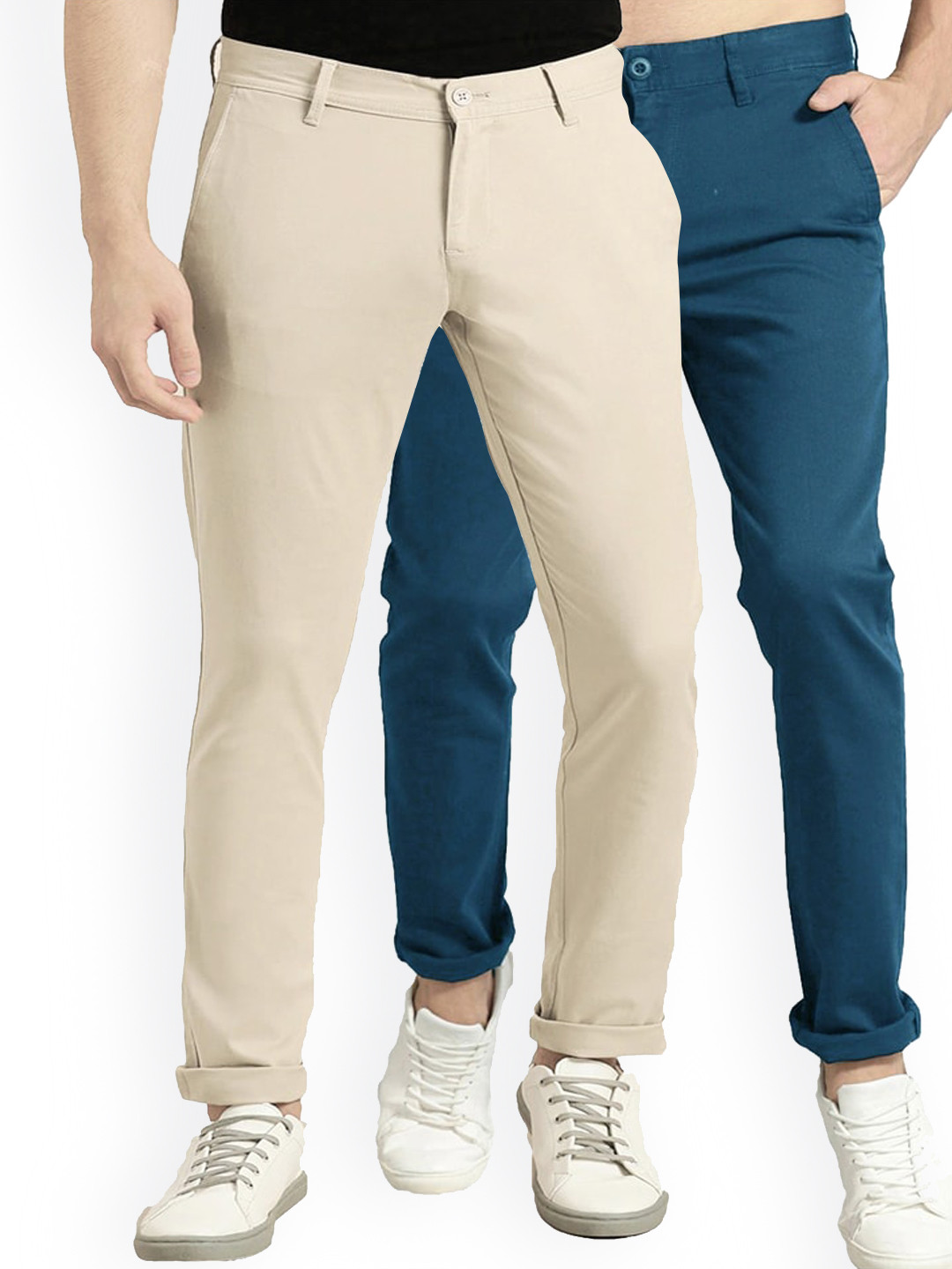 AD & AV Pack of 2 Men Cream Classic Easy Wash Chinos Trousers