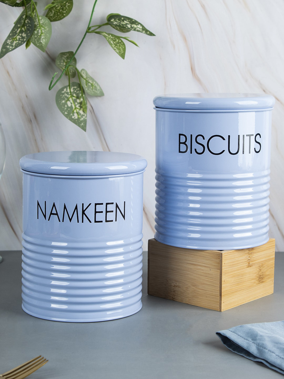Market99 Biscuits & Namkeen Jar Blue Typography Stainless Steel Air Tight 2 Piece Flip Top Canister-1.7L