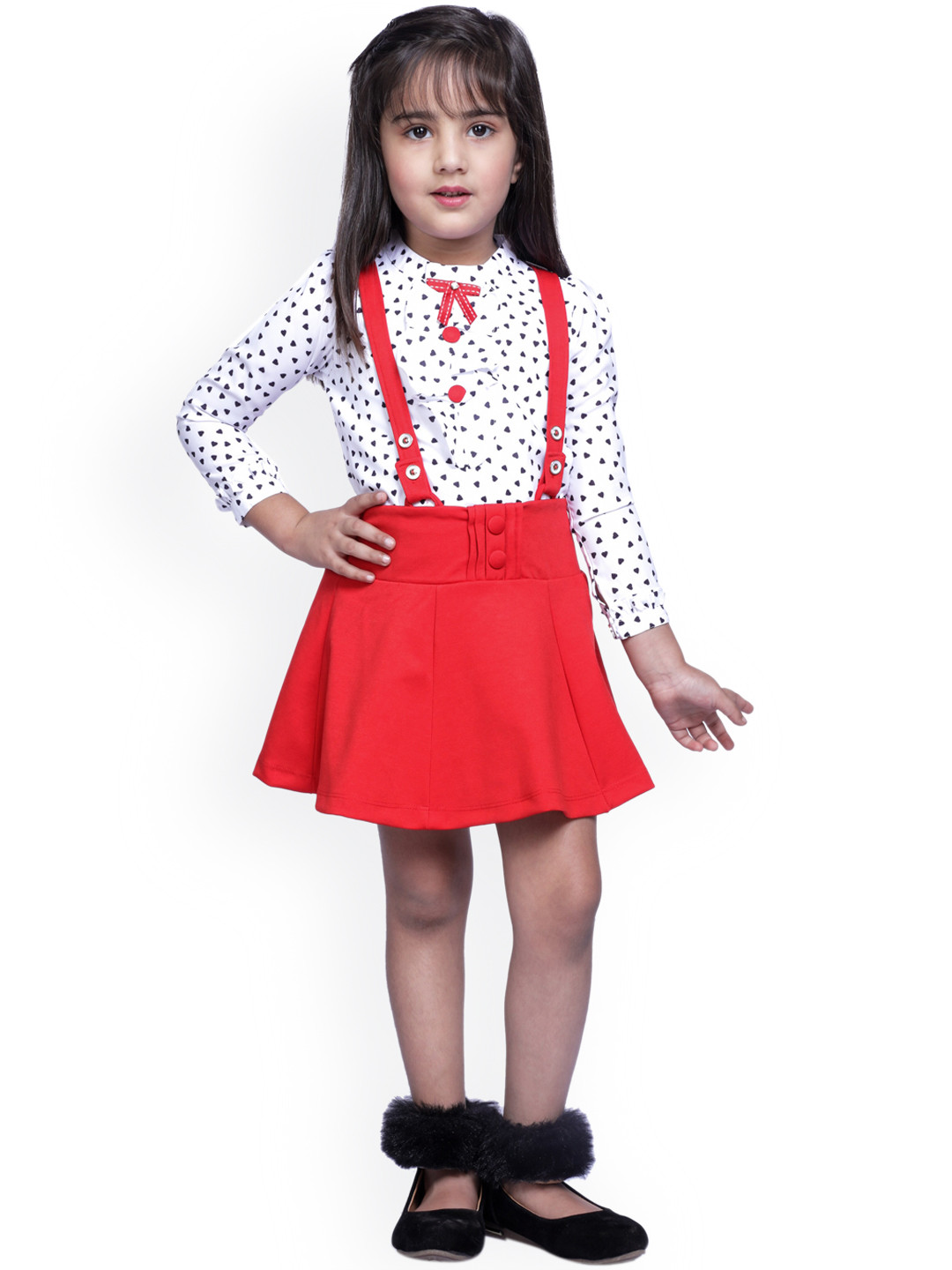 Peppermint Infant Girls Red & White Solid Flared Dungarees