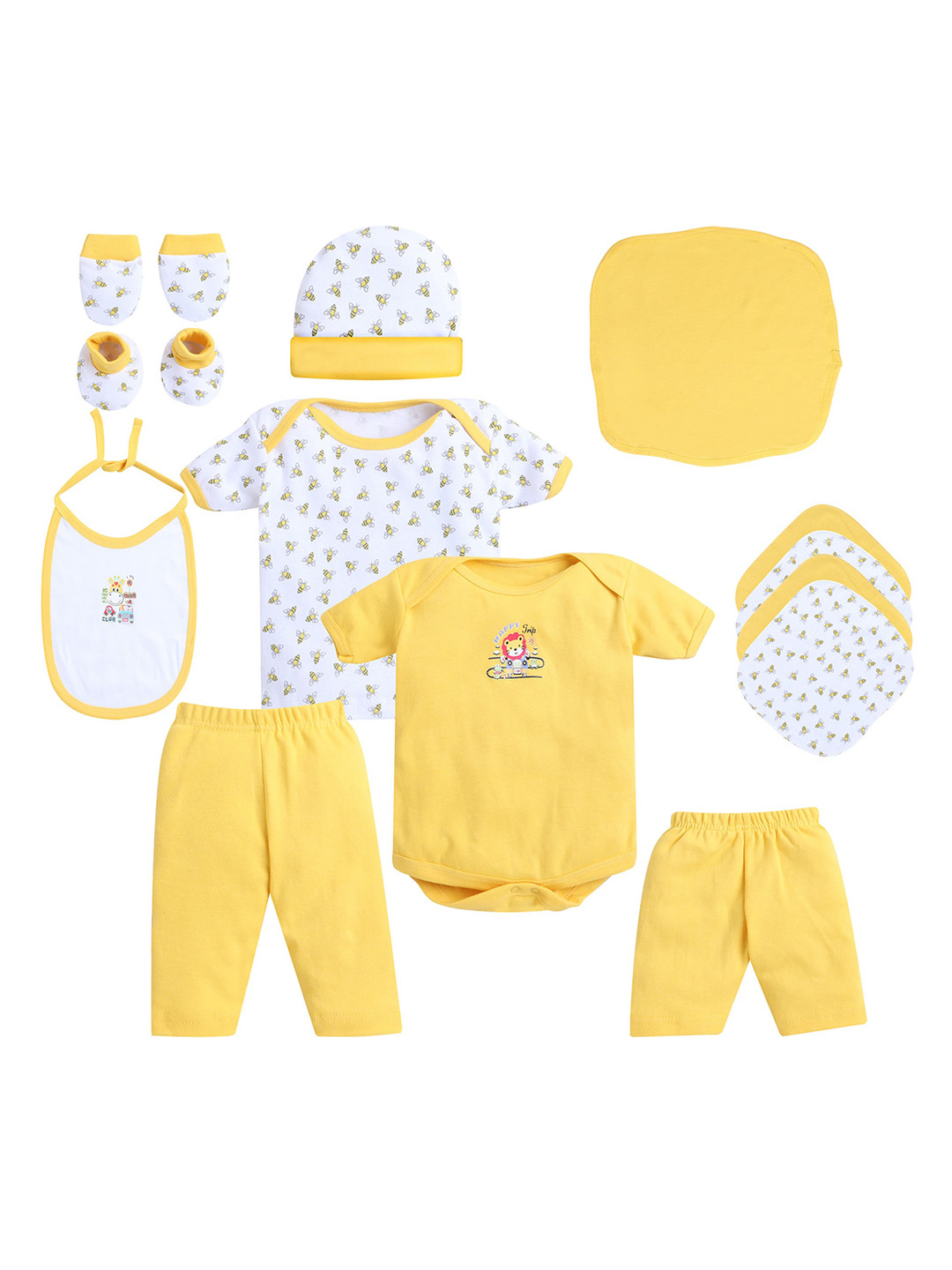 EIO Infants 13-Pcs Yellow & White Printed Pure Organic Cotton Baby Apparel Gift Set