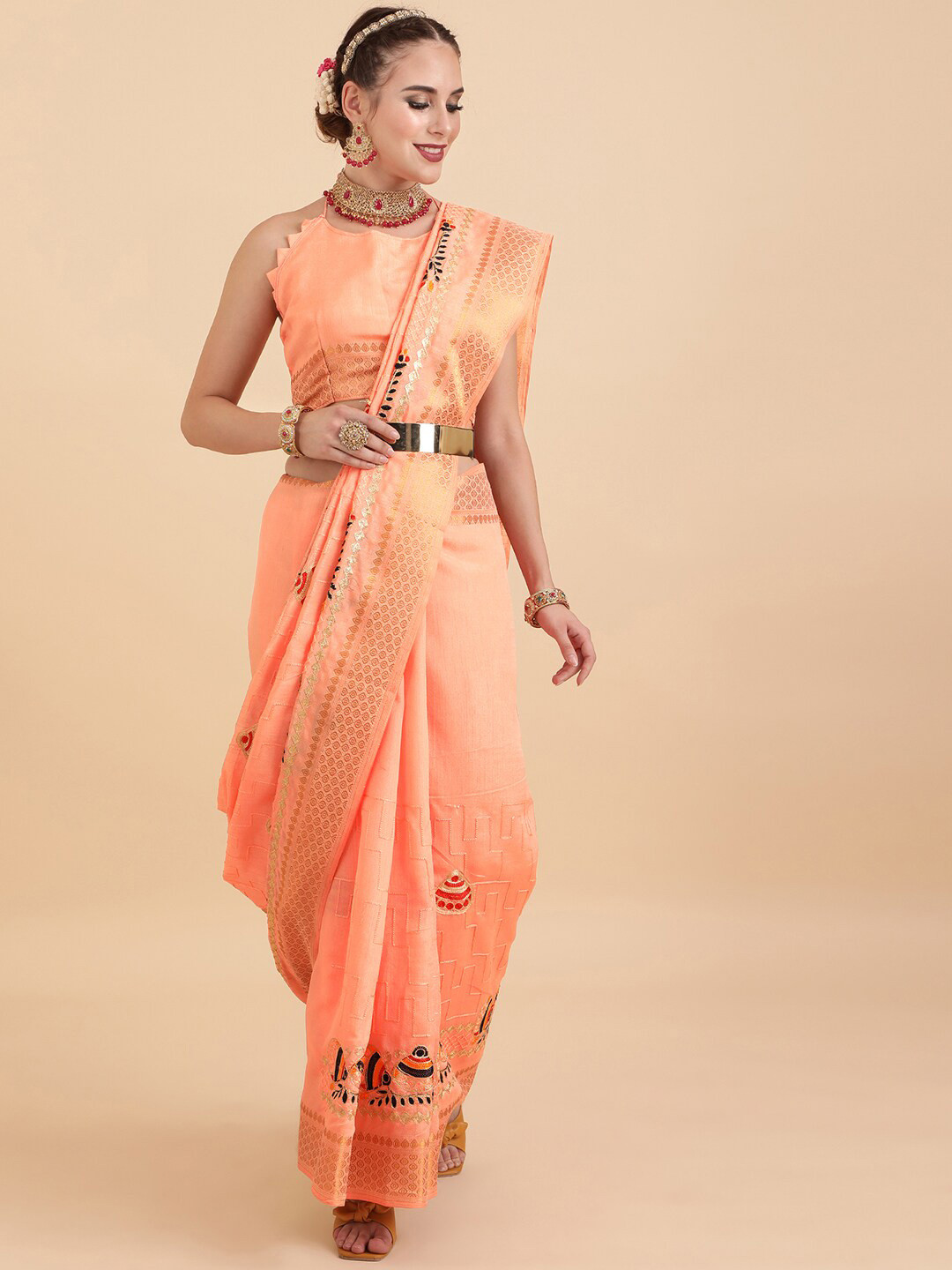 Sangria Peach-Coloured Cotton Blend Embroidered Saree