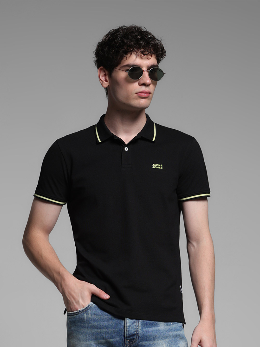 Jack & Jones Men Black Solid Polo Collar Cotton T-shirt