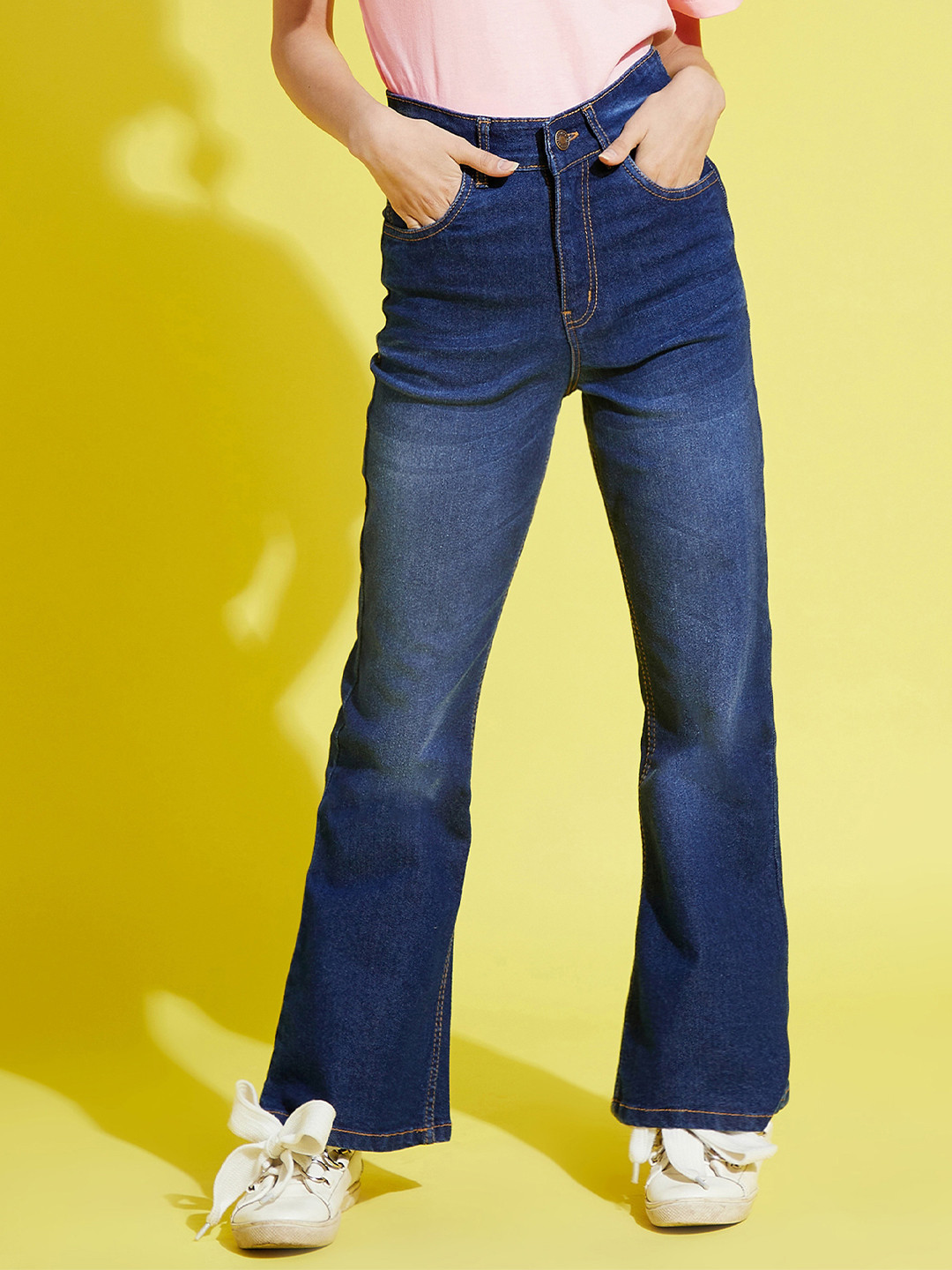 Noh Voh - SASSAFRAS Kids Girls Navy Blue Bootcut High-Rise Light Fade Jeans
