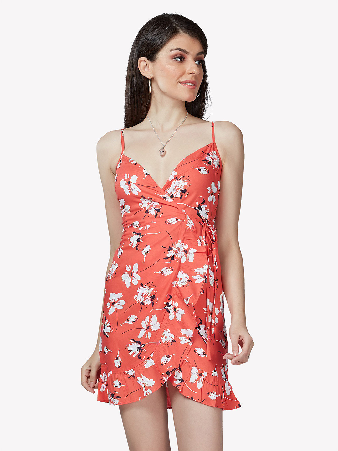 VASTRADO Women Orange Floral Printed Cotton Mini Dress