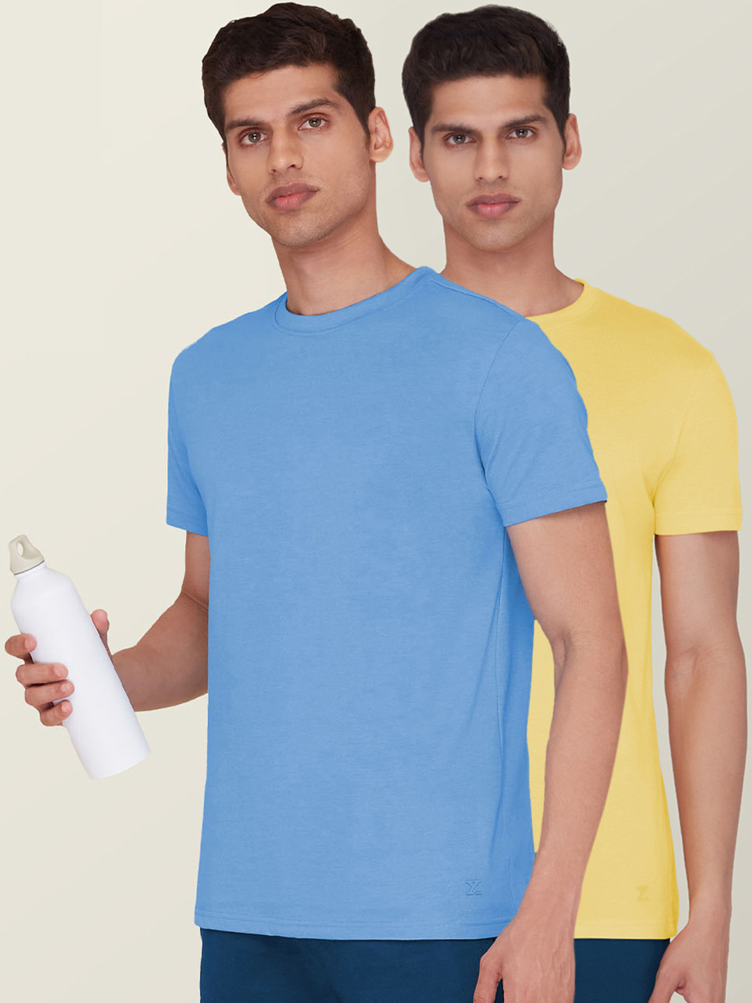 XYXX Men Azure Blue and Yellow Pack of 2 N9 Silver Finish Solid Tshirts