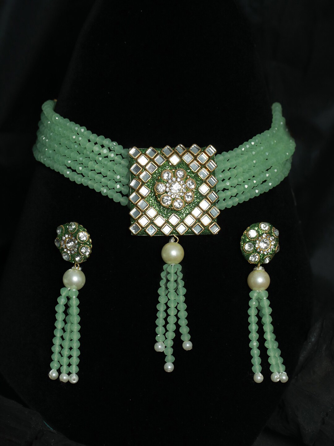 Priyaasi Women Gold-Plated Mirror Block AD-Studded & Green Beaded Jewellery Set