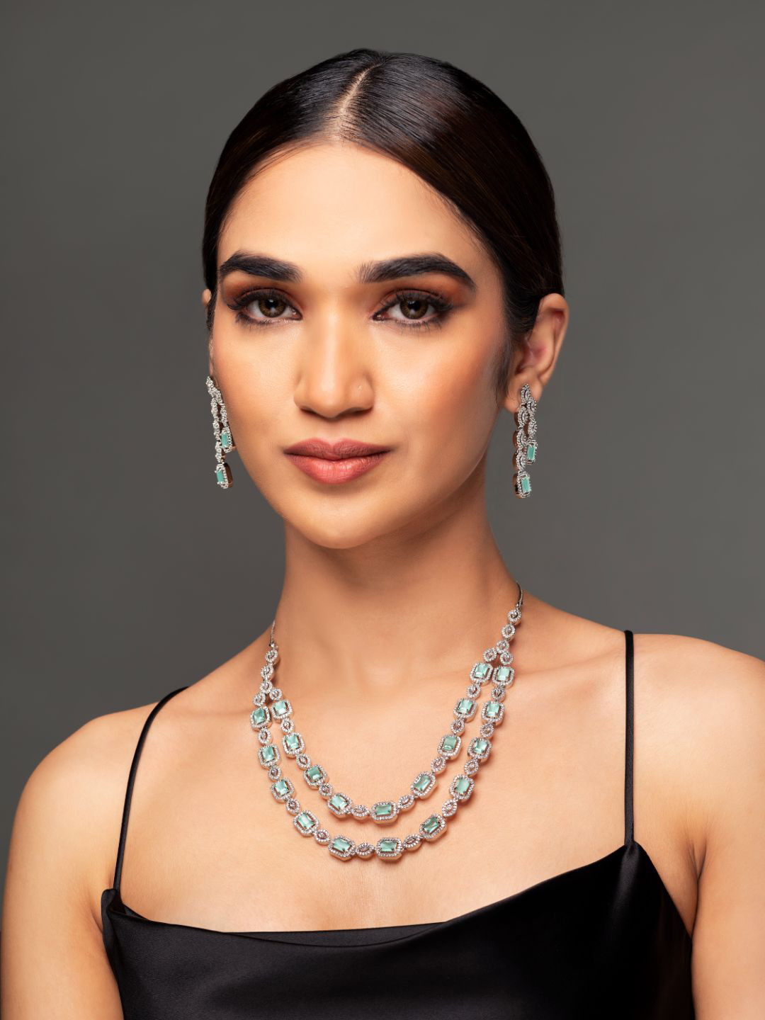 Priyaasi Silver-Plated Mint Green AD Studded Dual-Layered Jewellery Set