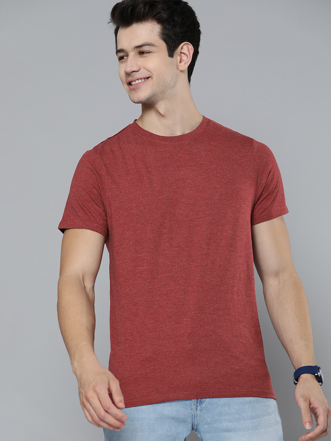 Mast & Harbour Men Maroon Solid Melange Effect Cotton T-shirt