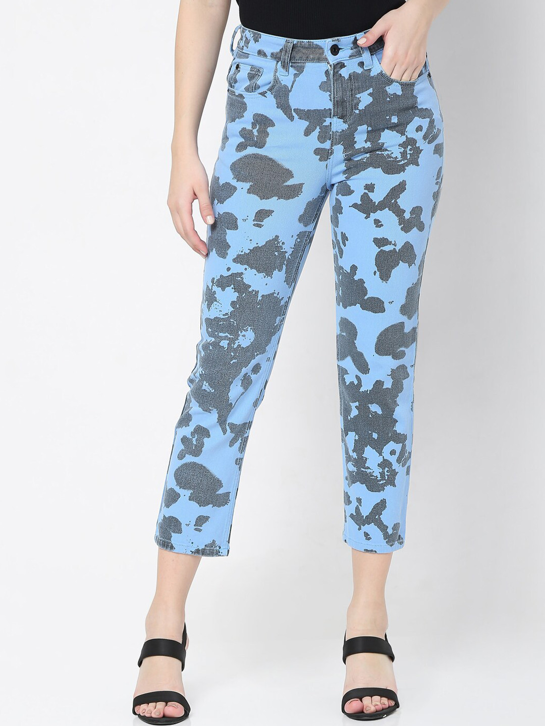 Vero Moda Women Blue Slim Fit High-Rise Heavy Fade Printed Jeans