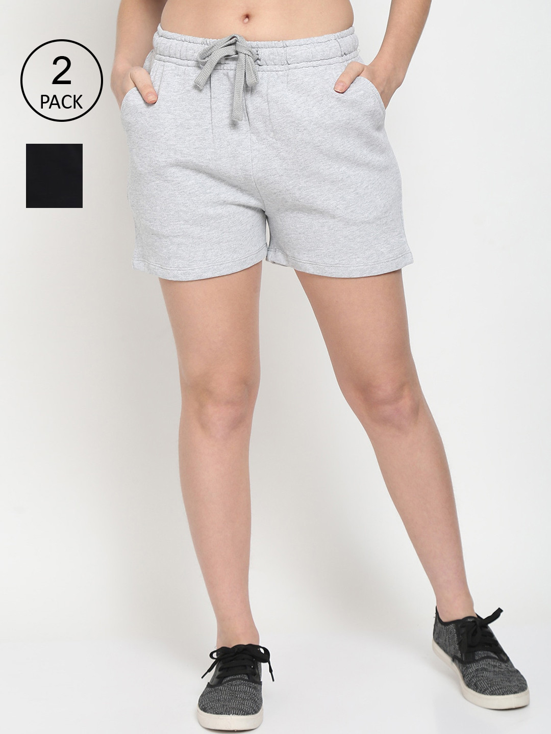 UnaOne Women Plus Size Black & Grey Set Of 2 Pure Cotton Yoga Shorts