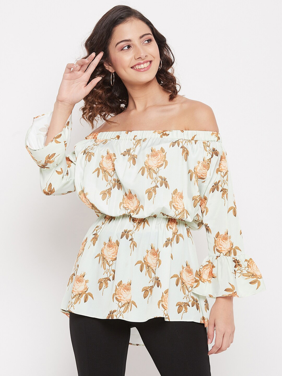 Duke Sea Green & Beige Floral Print Off-Shoulder Bardot Top