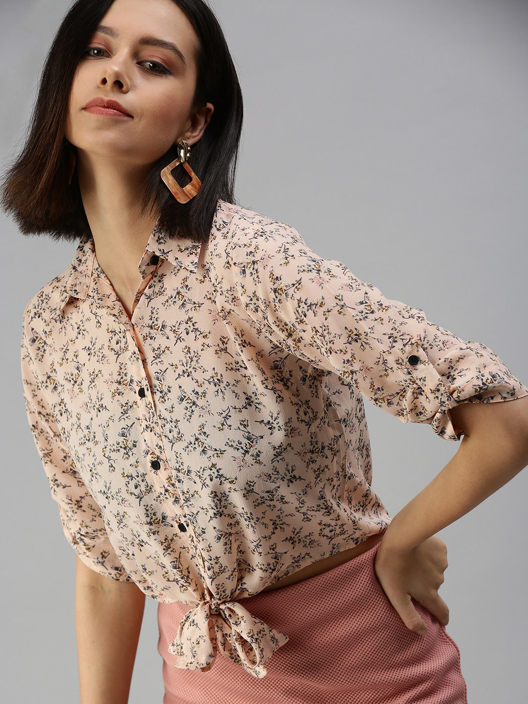 SHOWOFF Peach Floral Printed Roll-Up Sleeves Shirt Style Top