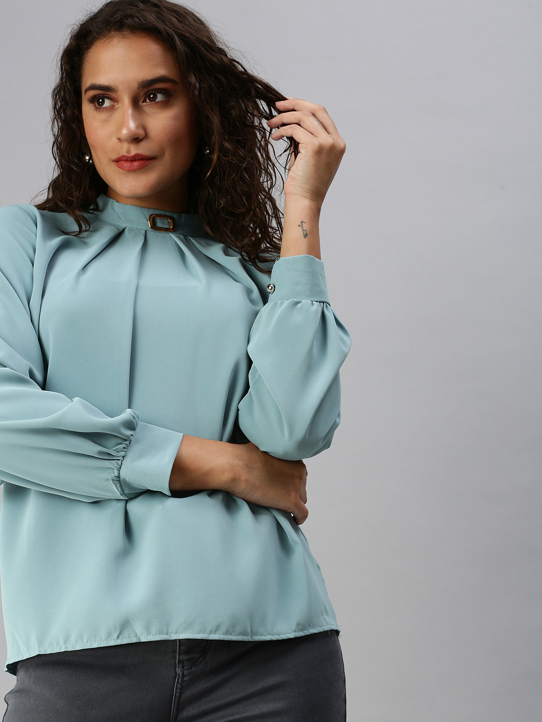 SHOWOFF Teal Blue High Neck Top