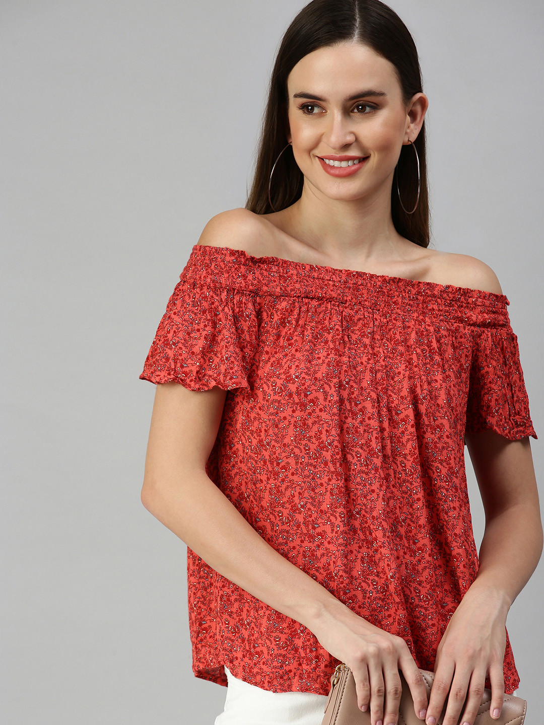 SHOWOFF Women Red Floral Printed Off-Shoulder Top