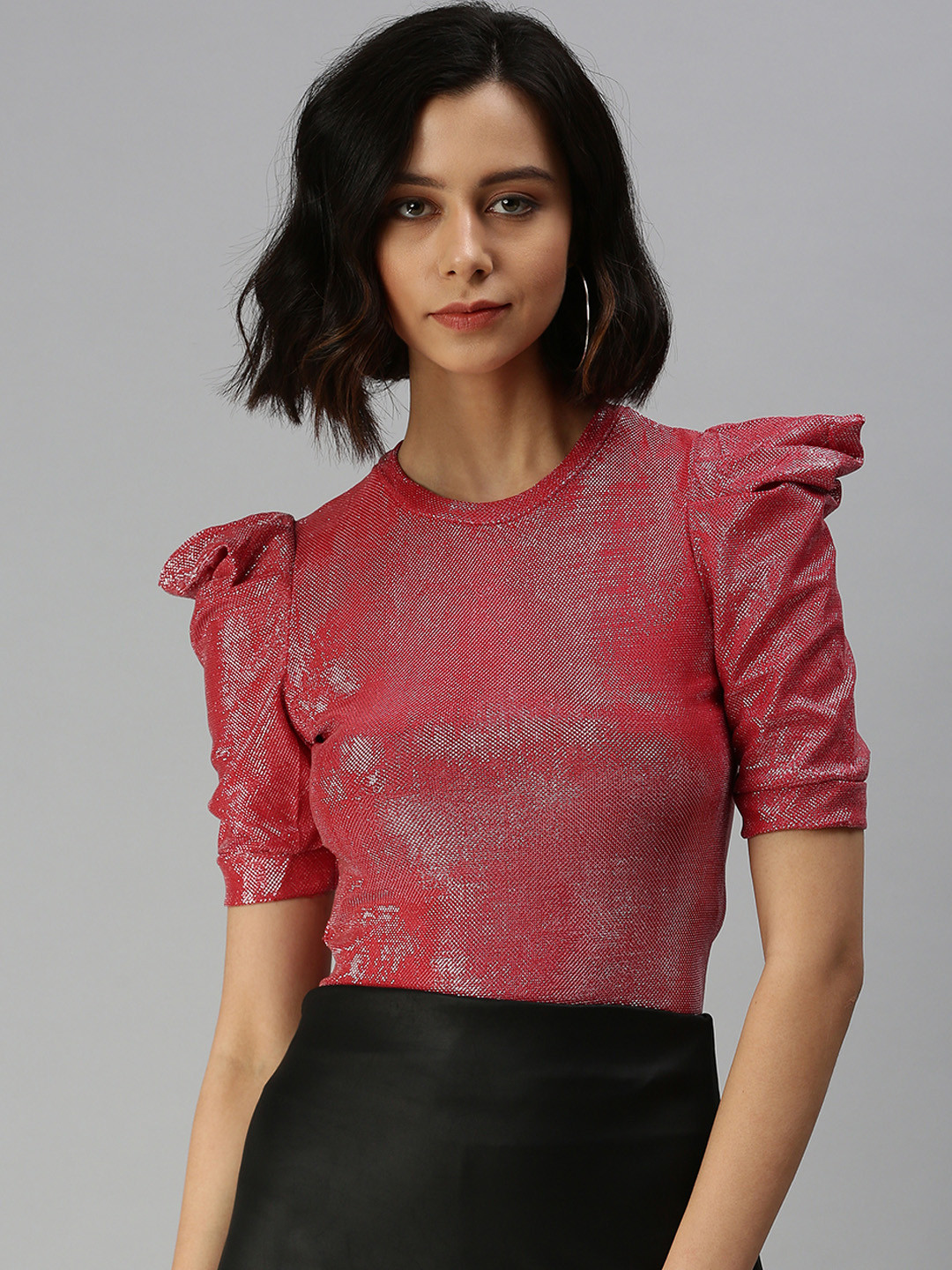 SHOWOFF Women Red Shimmer Round Neck Fitted Top