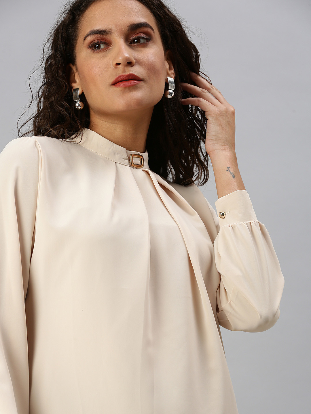 SHOWOFF Beige Solid High Neck Cuffed Sleeves Top