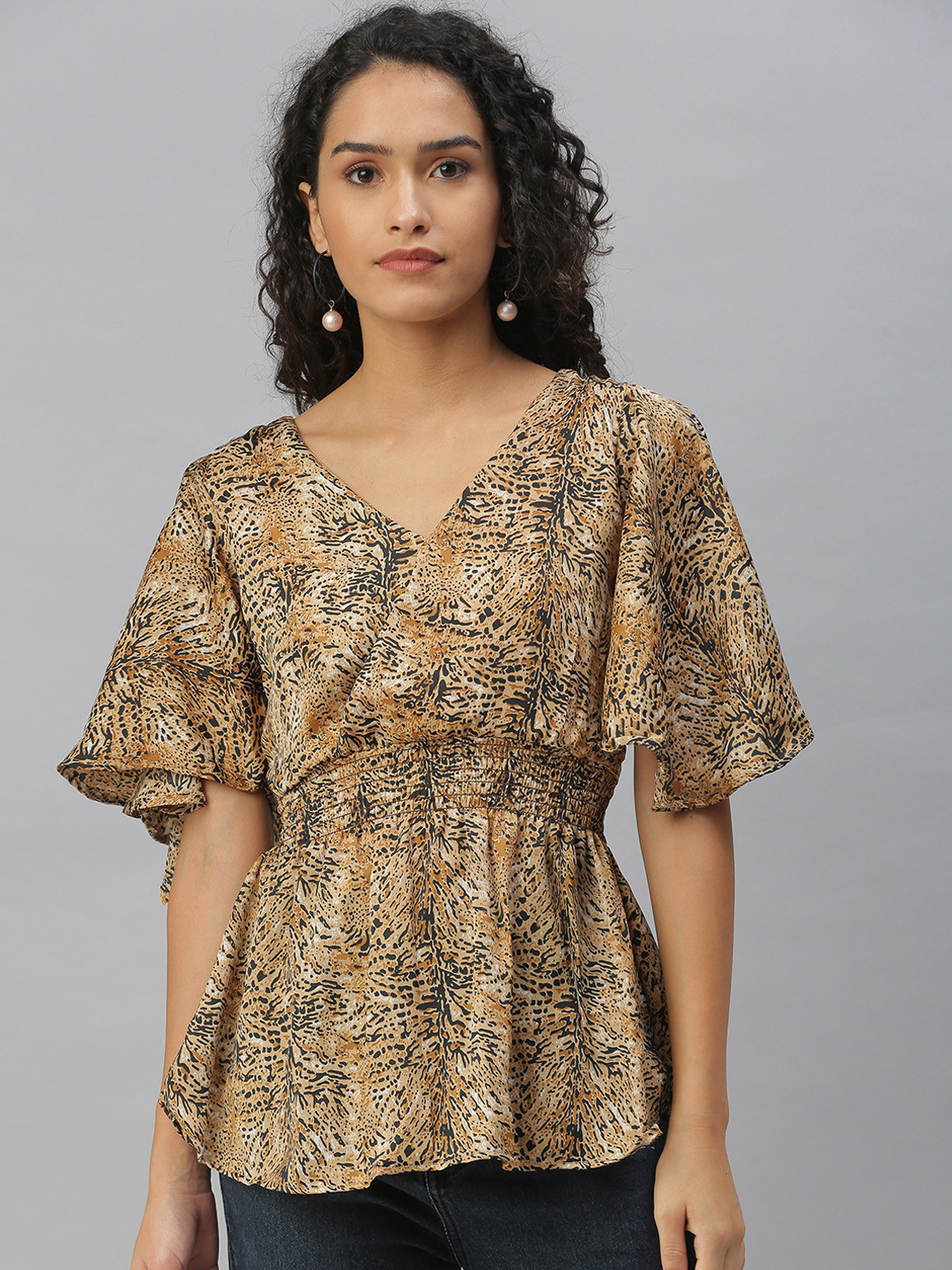 SHOWOFF Beige Animal Print Crepe Cinched Waist Top