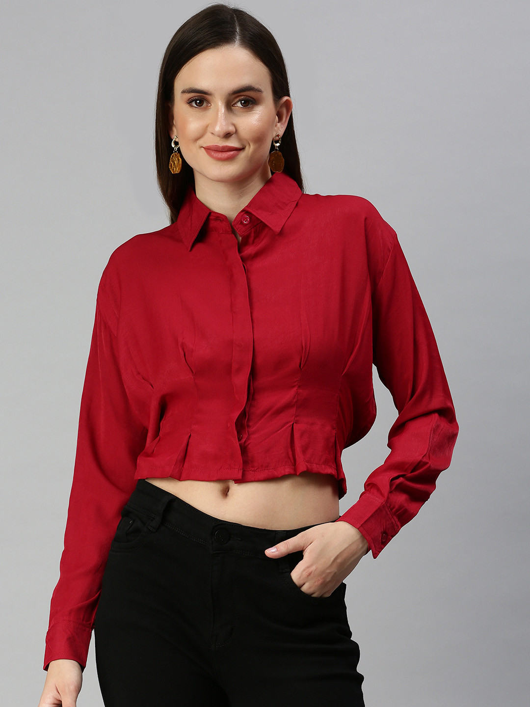 SHOWOFF Red Shirt Style Crop Top
