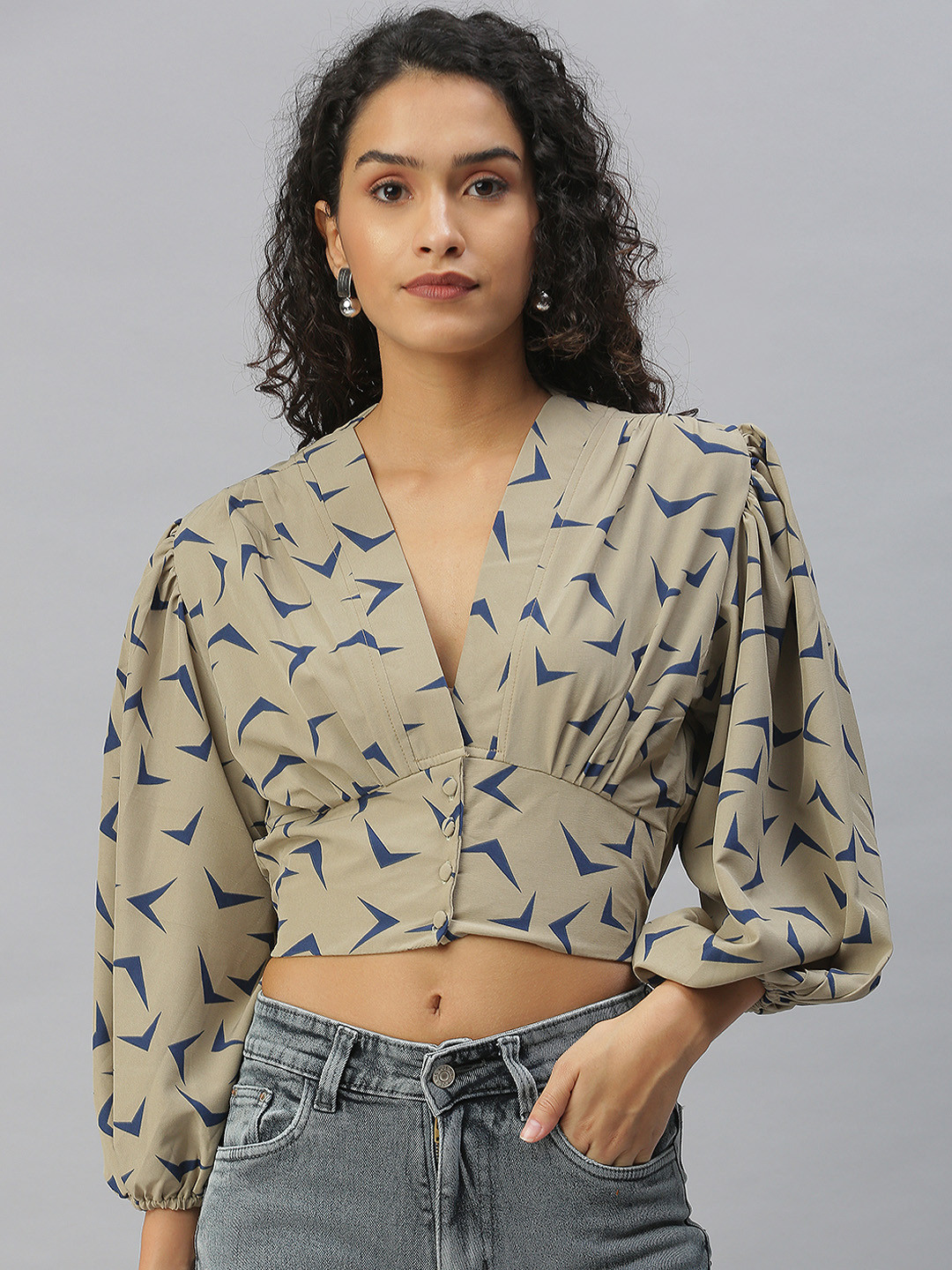 SHOWOFF Beige Print Crepe Wrap Crop Top