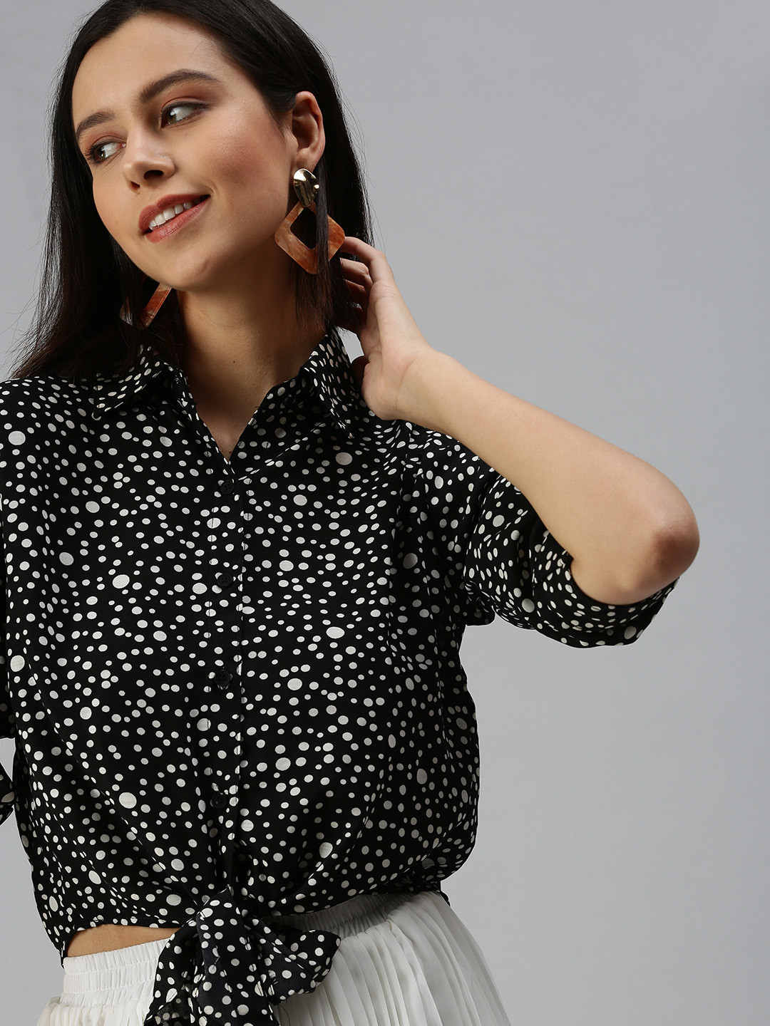 SHOWOFF Women Black Micro Ditsy Printed Shirt Style Top