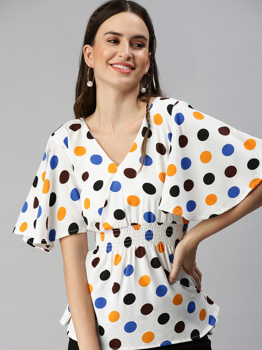SHOWOFFFF Women Off White Printed Crepe Wrap Top