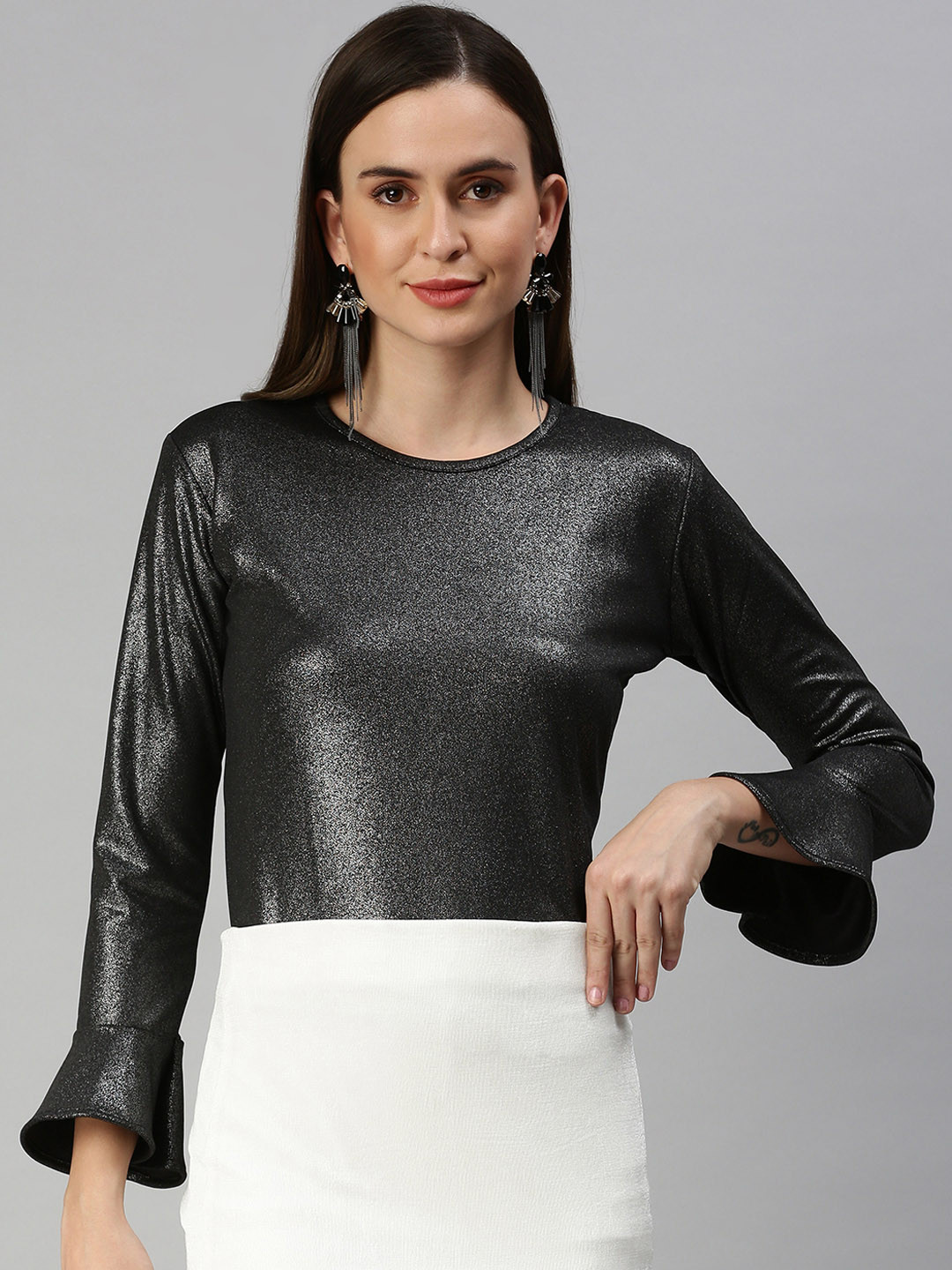 SHOWOFFFF Women Black Shimmer Top