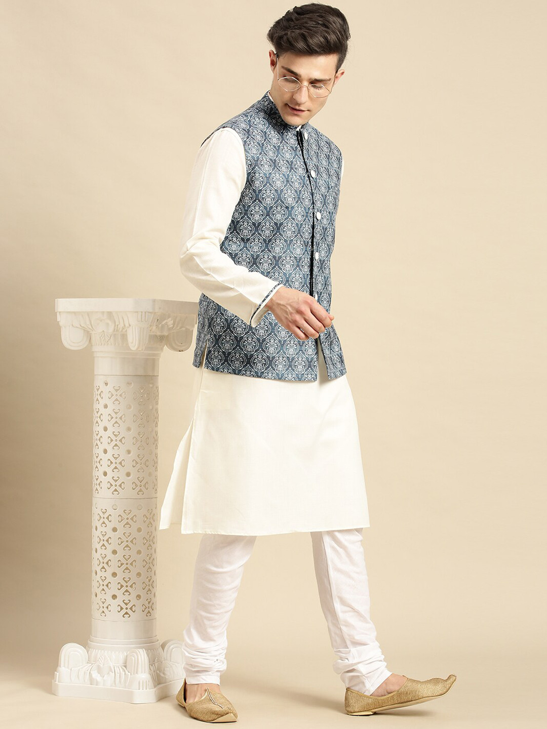Greenfibre Men Grey Printed Bandhgala Nehru Jacket
