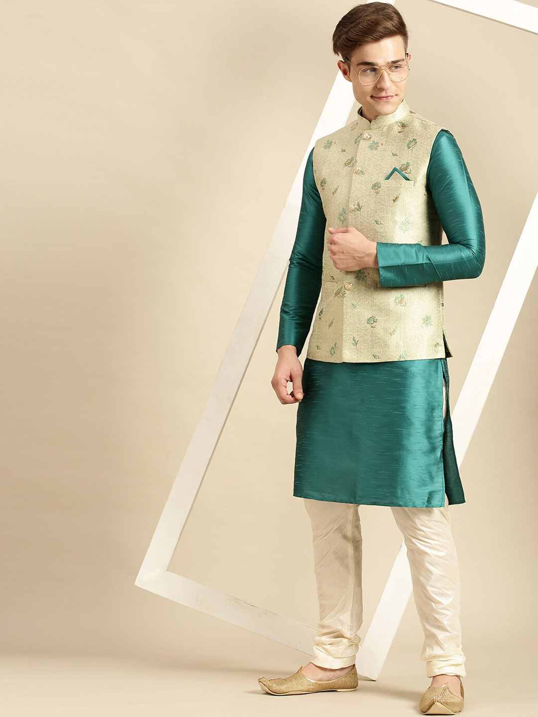 Here&Now X Sanwara  Men Beige Woven Design Printed Nehru Jacket