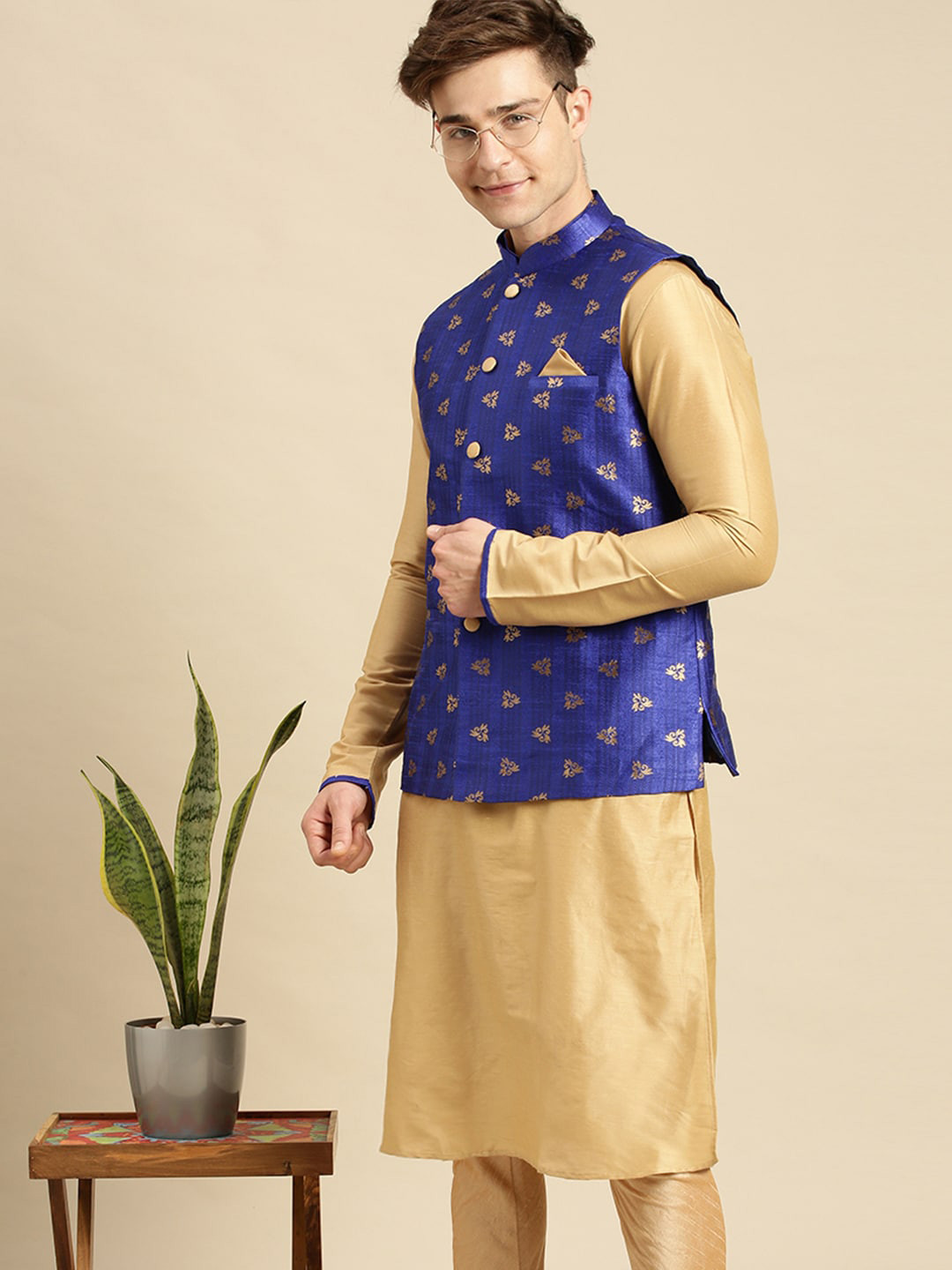Here&Now X Sanwara  Men Blue & Gold-Colored Printed Woven Nehru Jacket