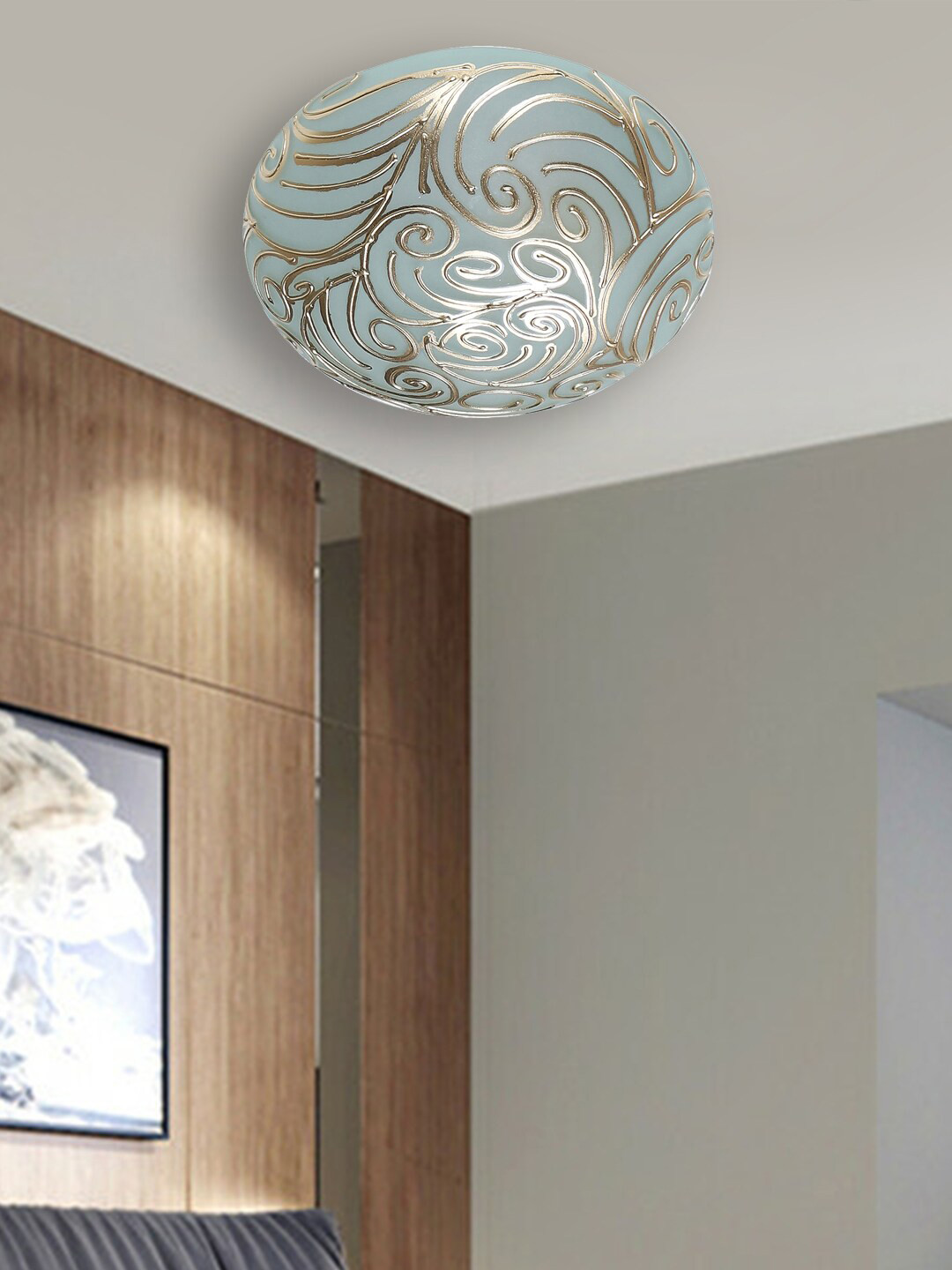 Devansh Gold-Toned & White Glass Mosaic Flush Mounted Lamp