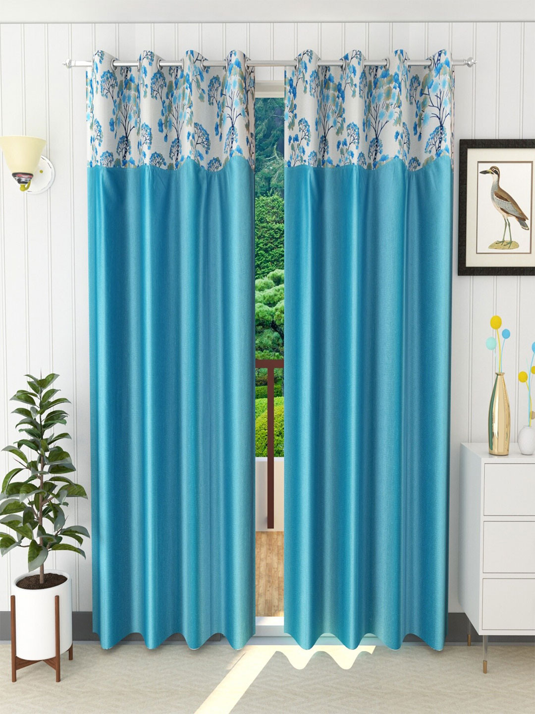 Homefab India Turquoise Blue & White Set of 2 Floral Long Door Curtain
