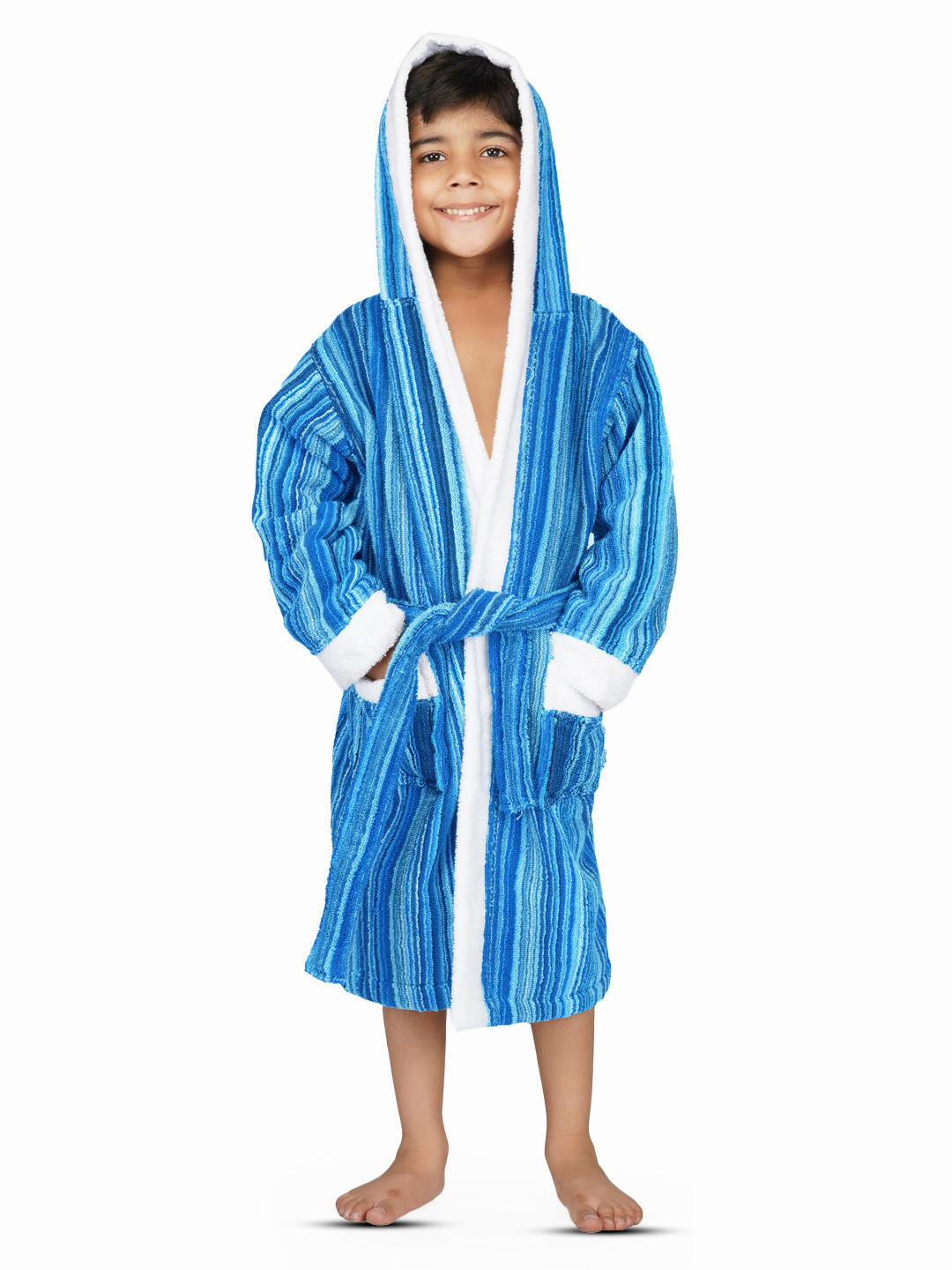 RANGOLI Rainbow, 400 GSM Blue Striped Cotton Drawstring Midi Bath Robe