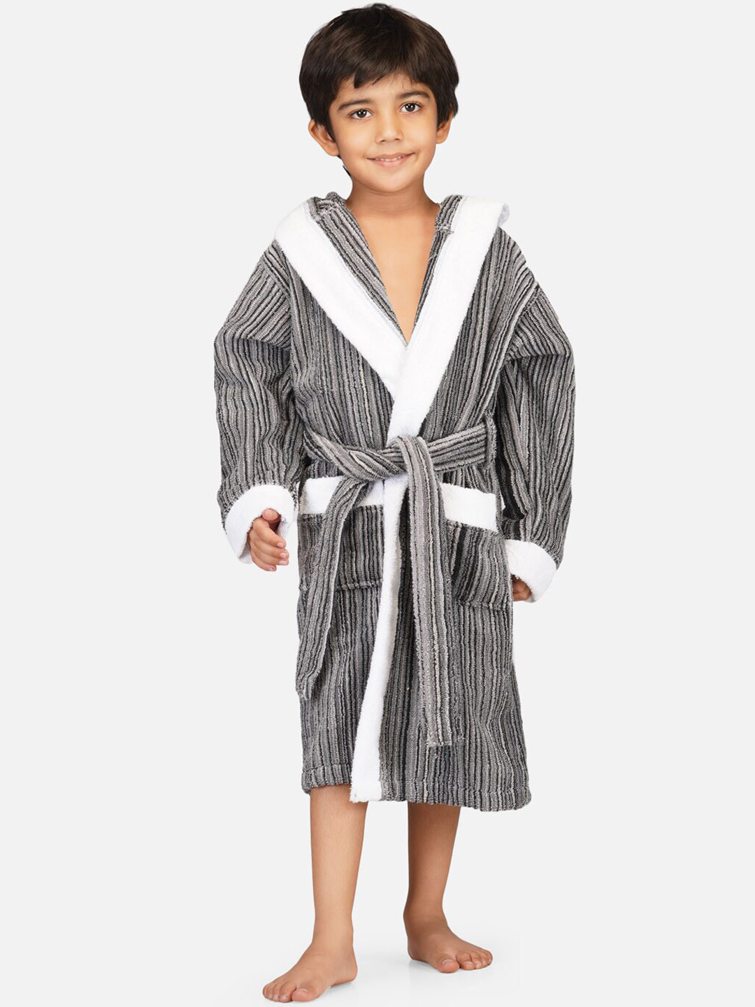 RANGOLI Tonal, 400 GSM Grey Striped Cotton Drawstring Midi Bath Robe-3-4Y
