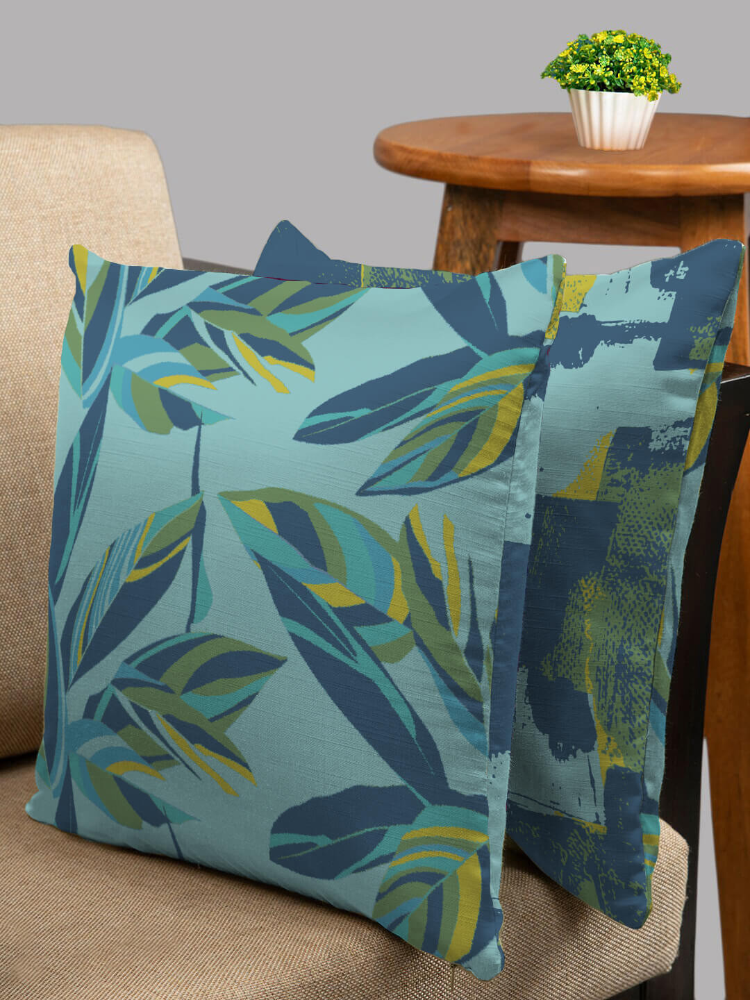 HOUZZCODE Digital Green Floral Polyester Washable 2 Pcs Square Cushion Covers - 16 x 16 In