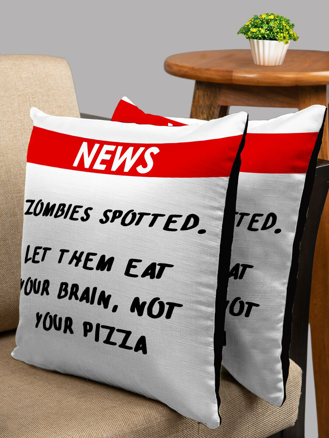 HOUZZCODE White & Black Set of 2 Quirky Square Cushion Covers