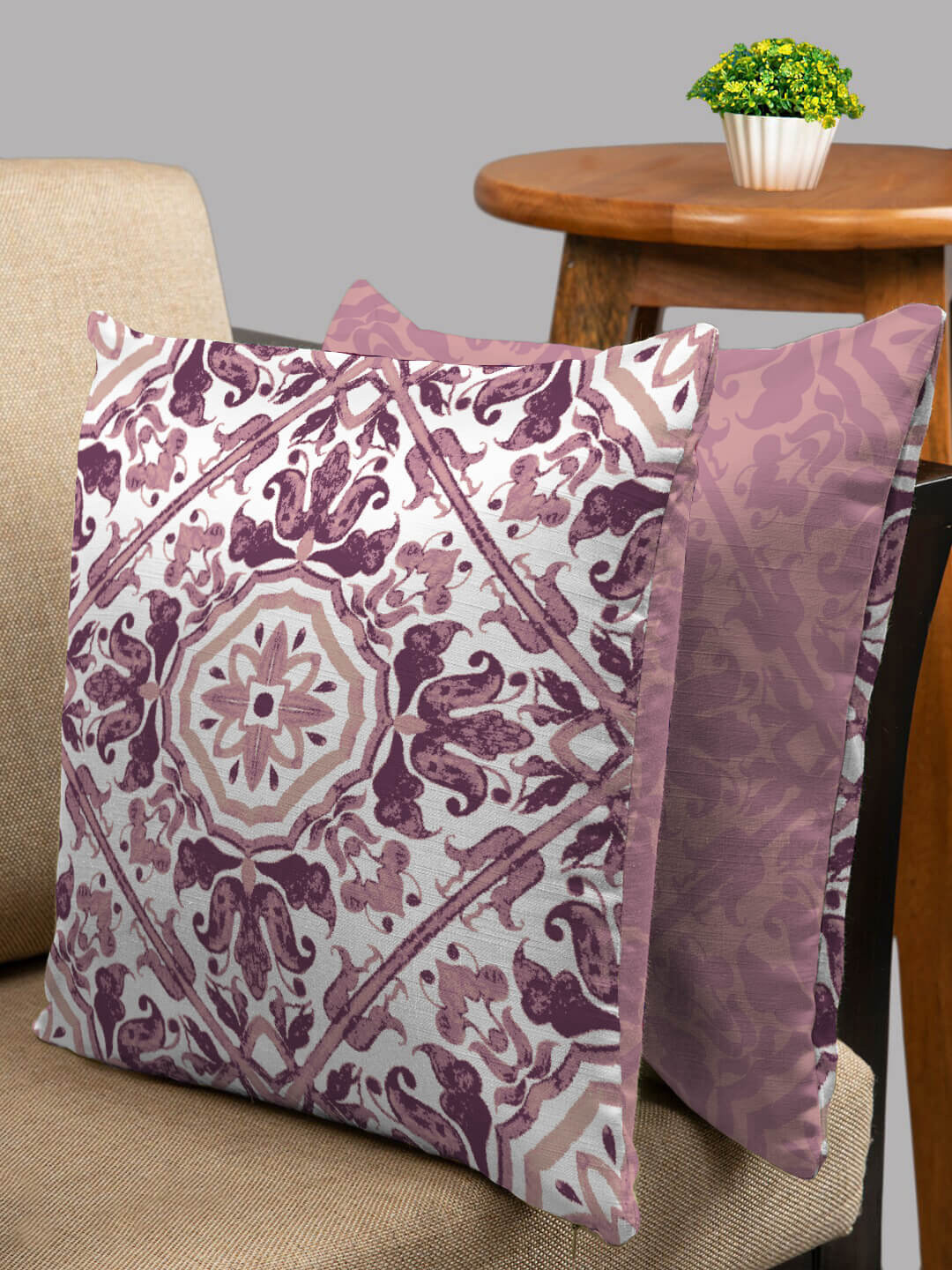 HOUZZCODE Purple Ethnic Motifs Polyester Anti-Wrinkle 2 Pcs Square Cushion Covers -16x16In
