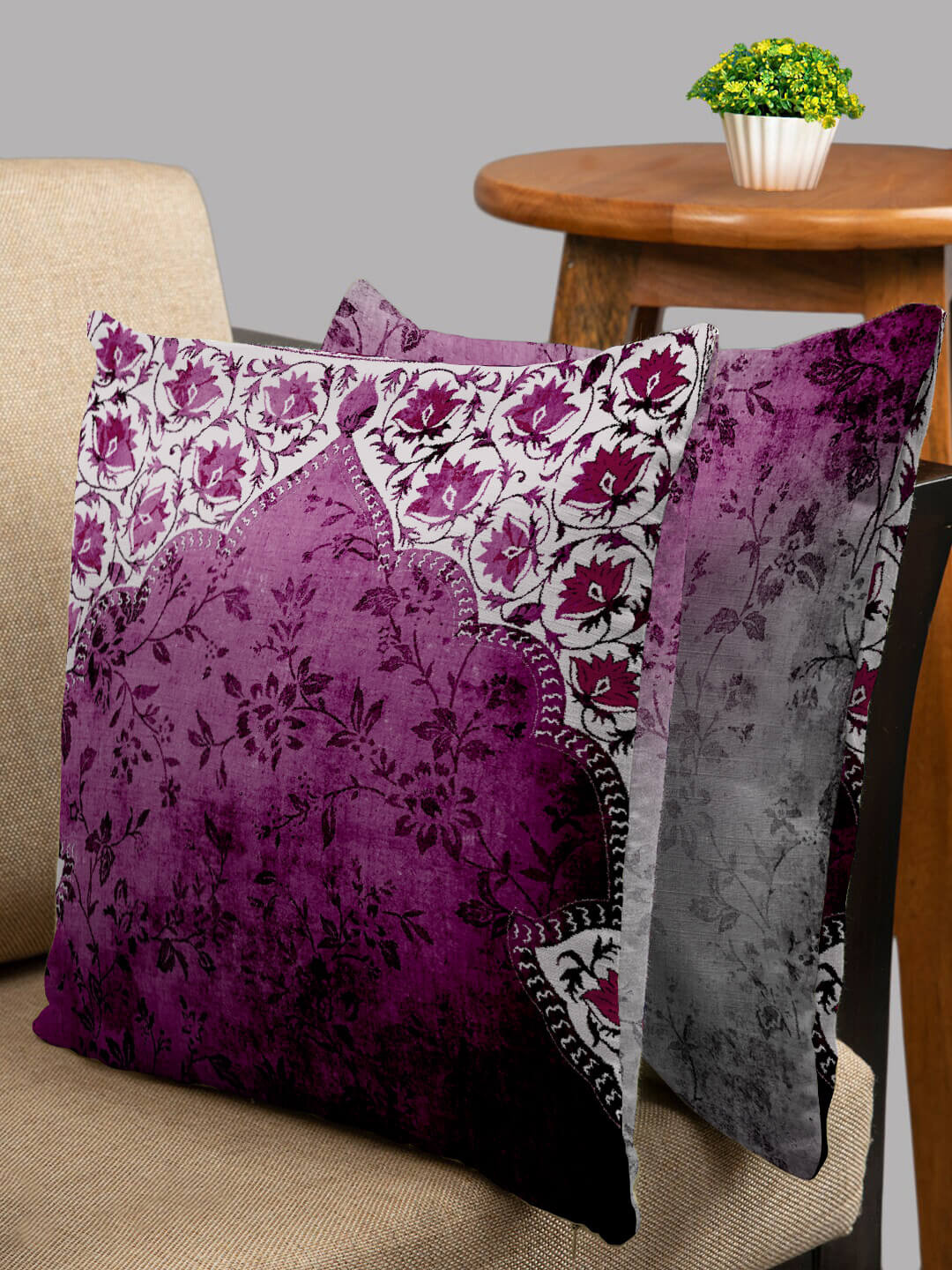HOUZZCODE Violet Floral Polyester Quick-Dry 2 Piece Square Cushion Covers -16x16In