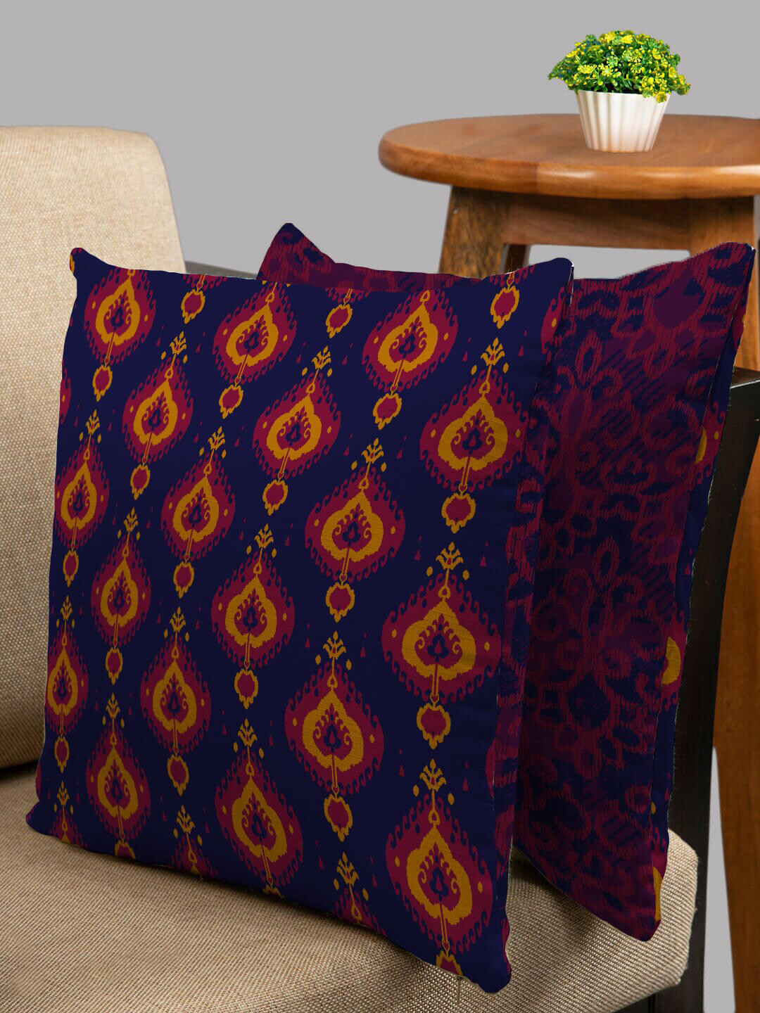 HOUZZCODE Royal Ethnic Motifs Polyester Washable 2 Pcs Cushion Covers - 15.7 x 15.7 In