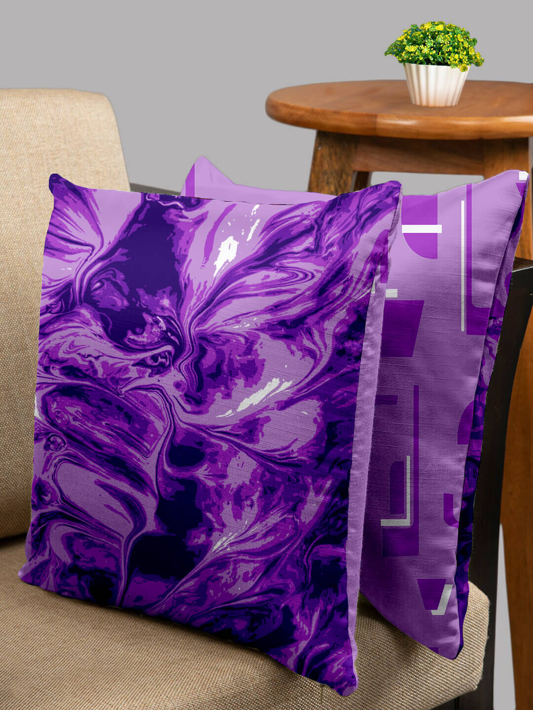 HOUZZCODE Purple Abstract Polyester Anti-Wrinkle 2 Pcs Square Cushion Covers - 16x16In