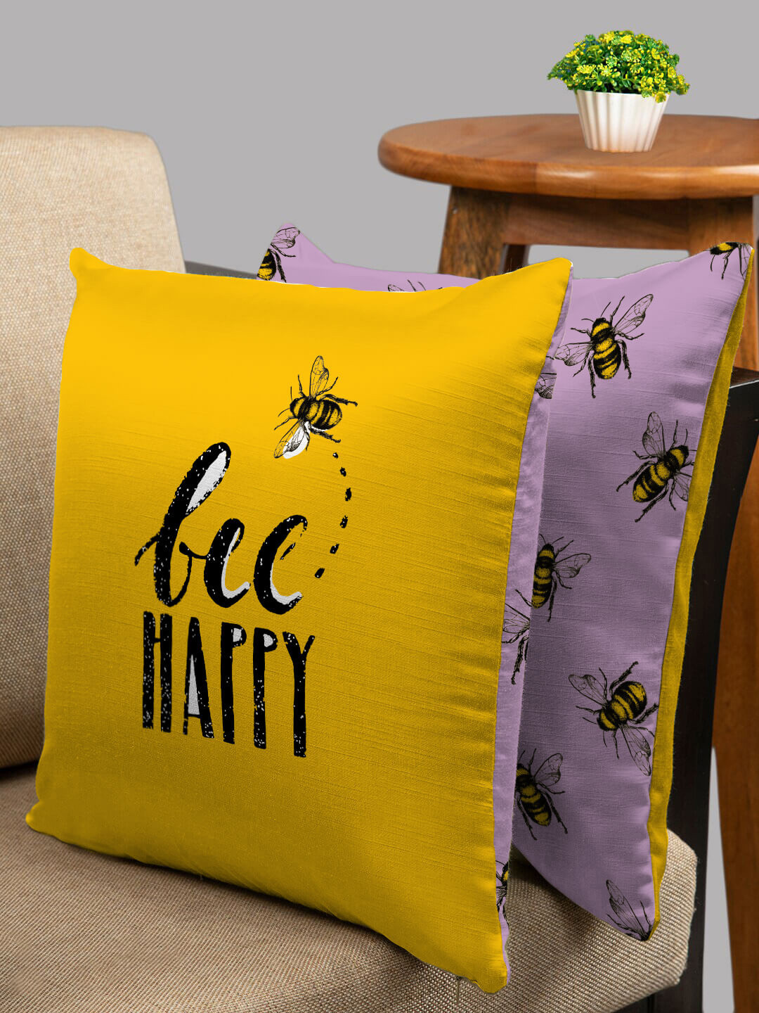 HOUZZCODE Yellow & Lavender Set of 2 Quirky Square Cushion Covers