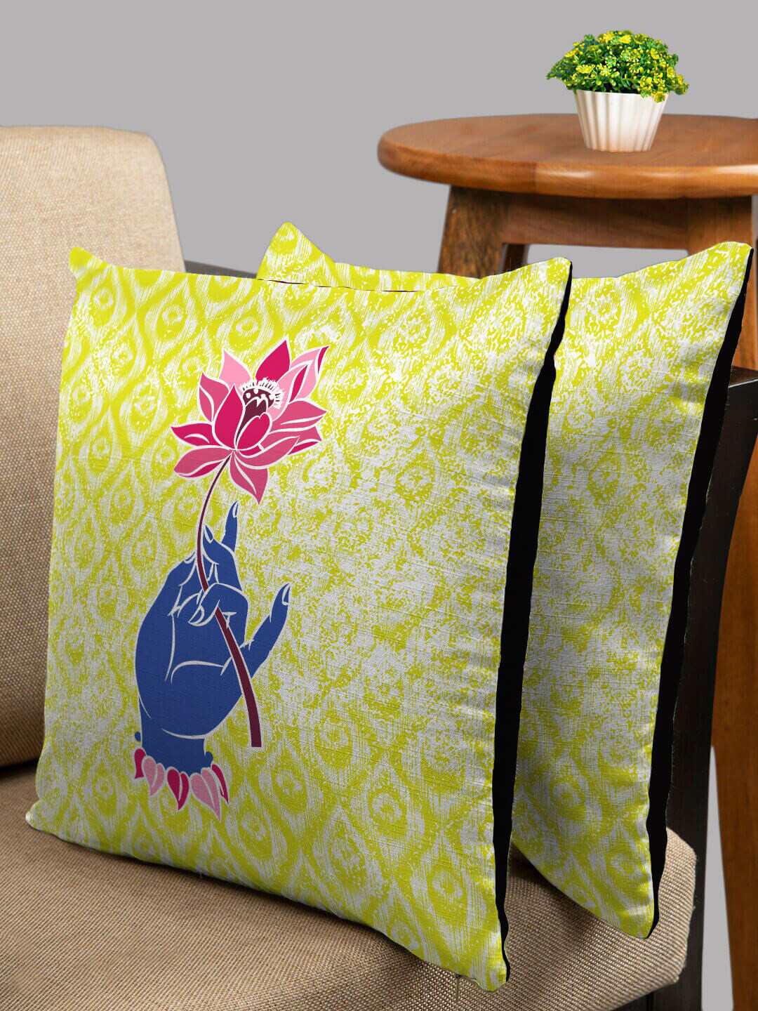 HOUZZCODE Yellow Floral Polyester Quick-Dry 2 Square Cushion Covers -16x16In