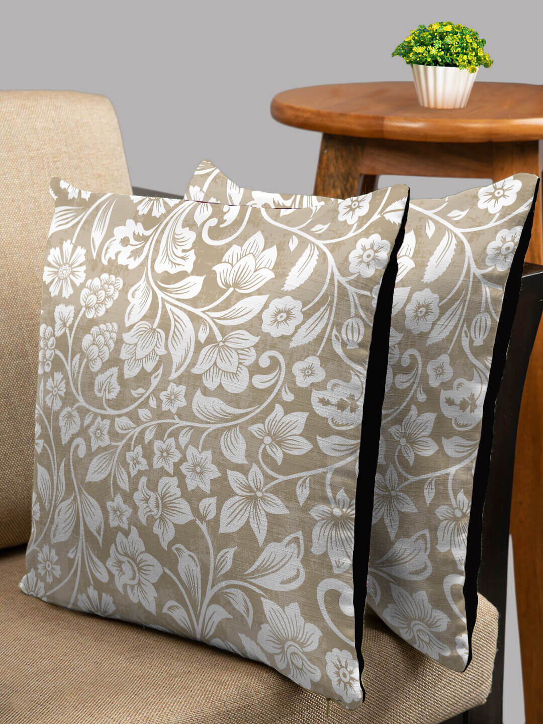 HOUZZCODE Tan Floral Polyester Durable 2 Pcs Patchwork Square Cushion Covers -15.7x15.7In