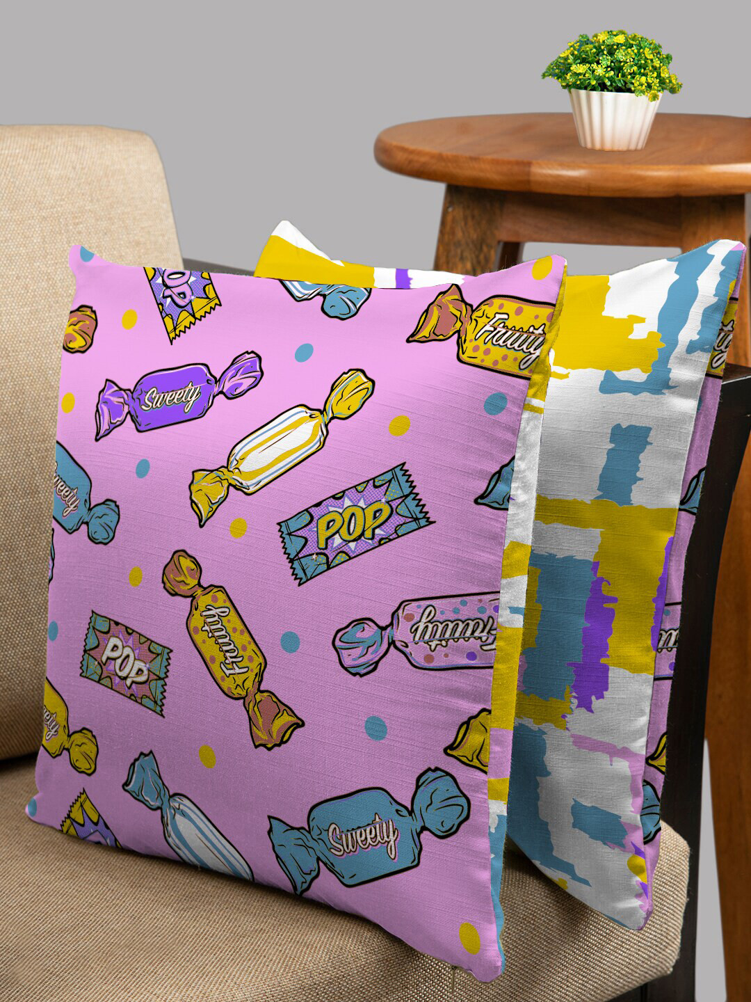 HOUZZCODE Set of 2 Purple & Pink Printed Square Cushion Covers