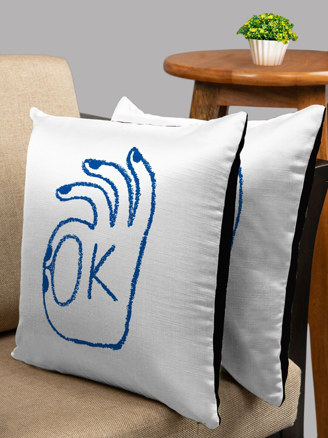 HOUZZCODE White Polyester Washable 2 Piece Embroidered Square Cushion Covers -16x16In