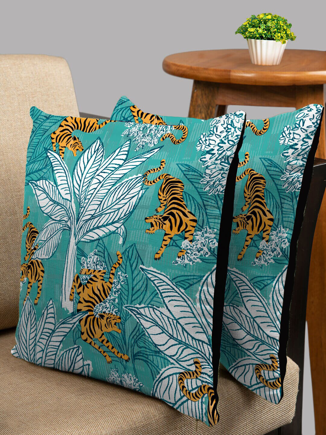 HOUZZCODE Blue Leaf Polyester Washable 2 Piece Square Cushion Covers -16x16In
